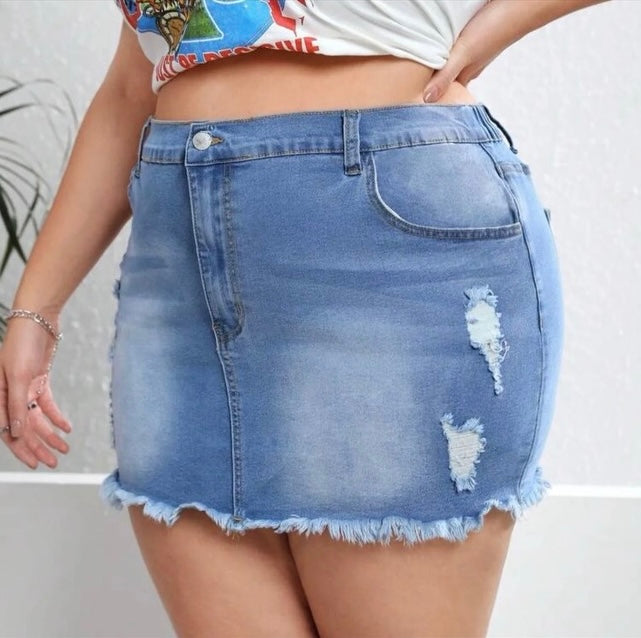 Plus size stretch waistband mini distressed Jean skirt