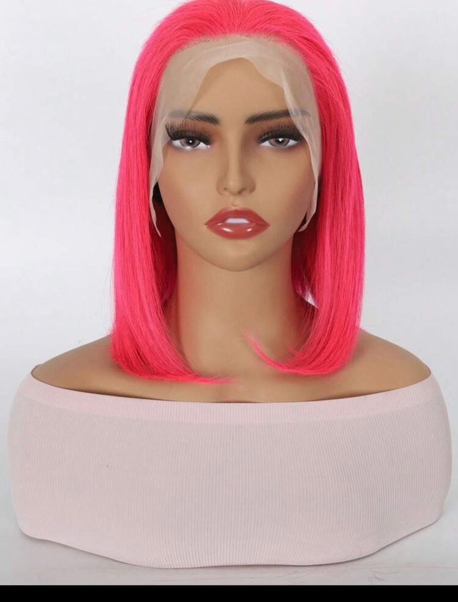 100% Human Hair Pink Full Frontal Bob Wig - 13x4 14 inch