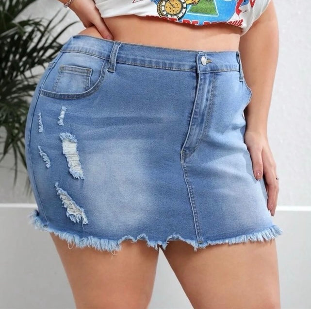 Plus size stretch waistband mini distressed Jean skirt