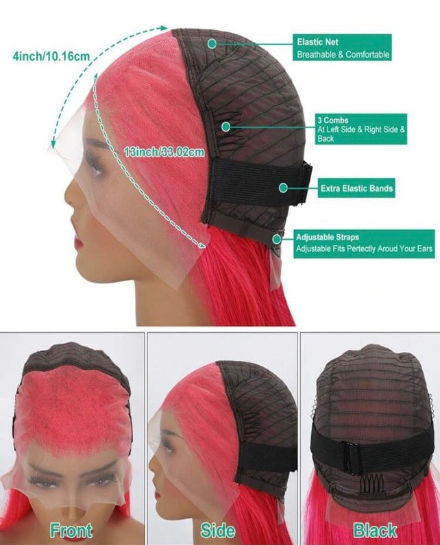 100% Human Hair Pink Full Frontal Bob Wig - 13x4 14 inch