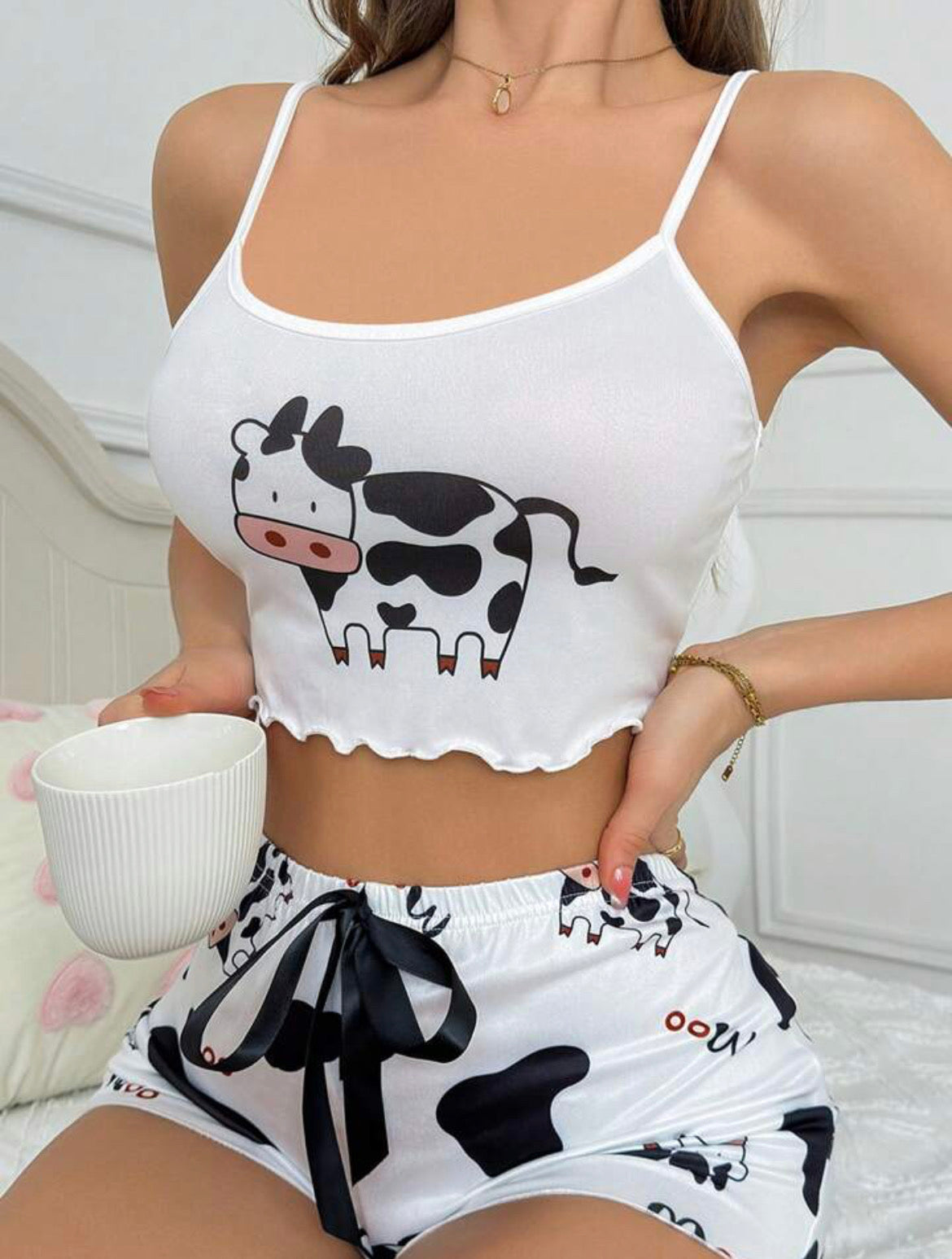 Two piece cow pajama shorts set