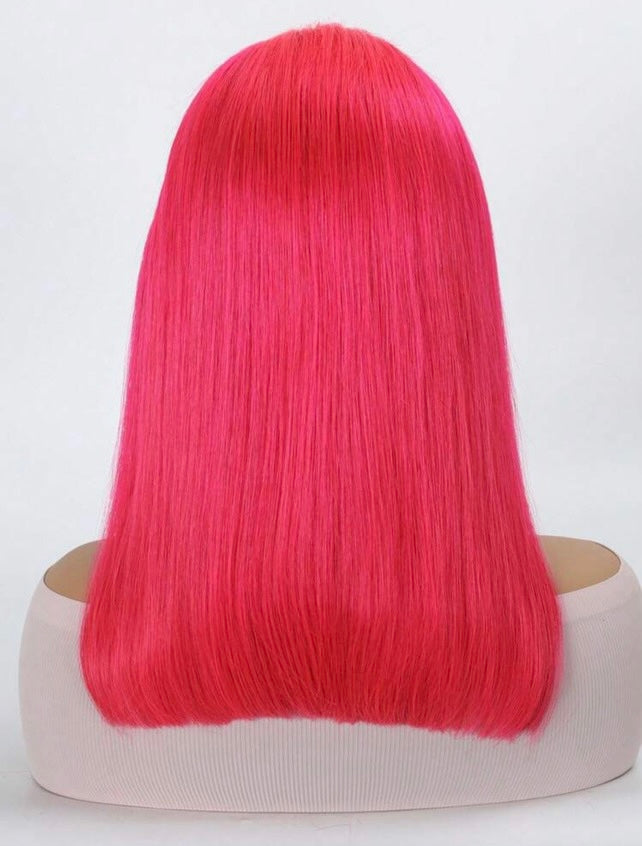 100% Human Hair Pink Full Frontal Bob Wig - 13x4 14 inch