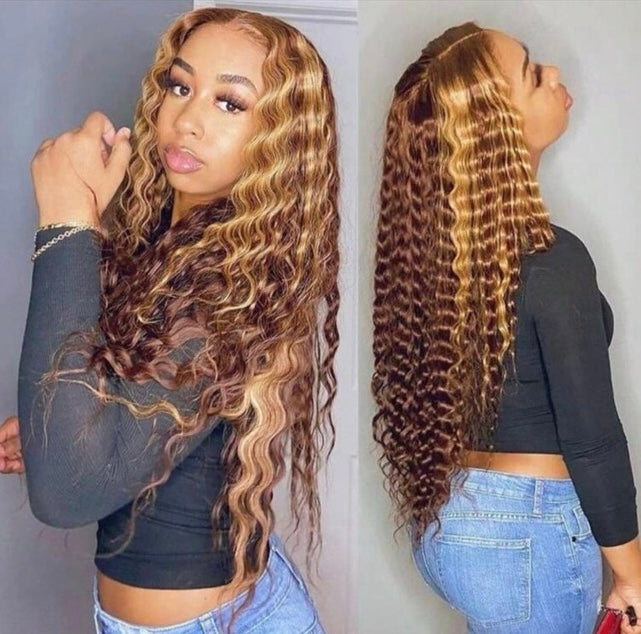 Highlight Ombre Deep Wave Human Hair Wigs - Honey
Blonde HD Lace Closure Wigs 20 inch