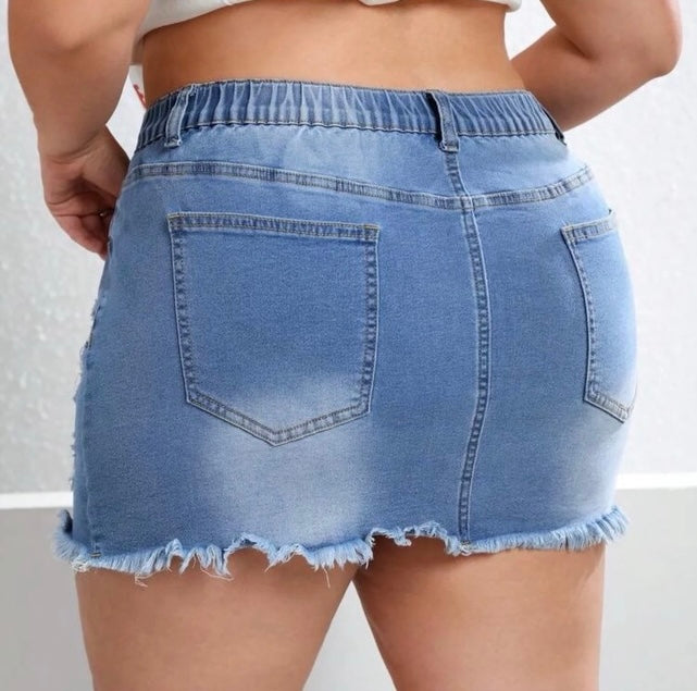 Plus size stretch waistband mini distressed Jean skirt