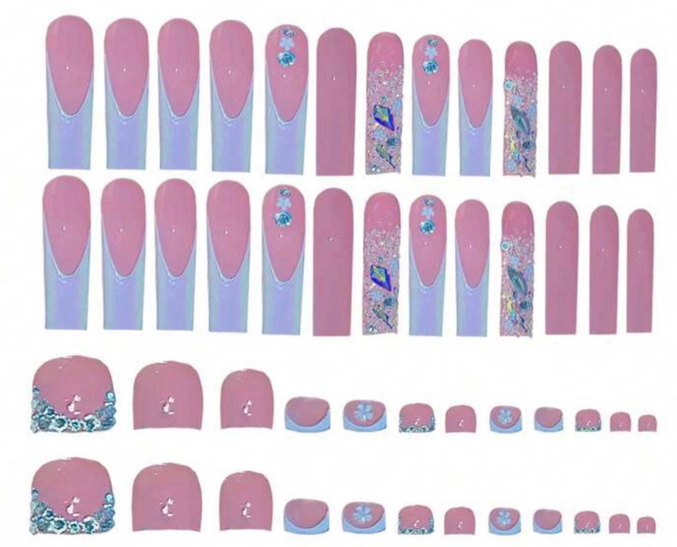Blue rhinestone french style press on toe & hand nails set