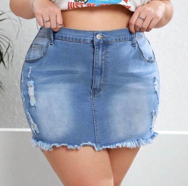 Plus size stretch waistband mini distressed Jean skirt