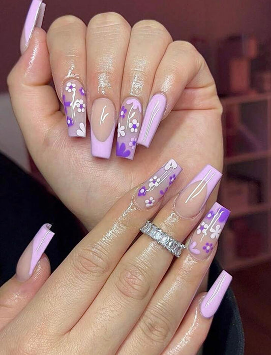 flower design purple press on nails