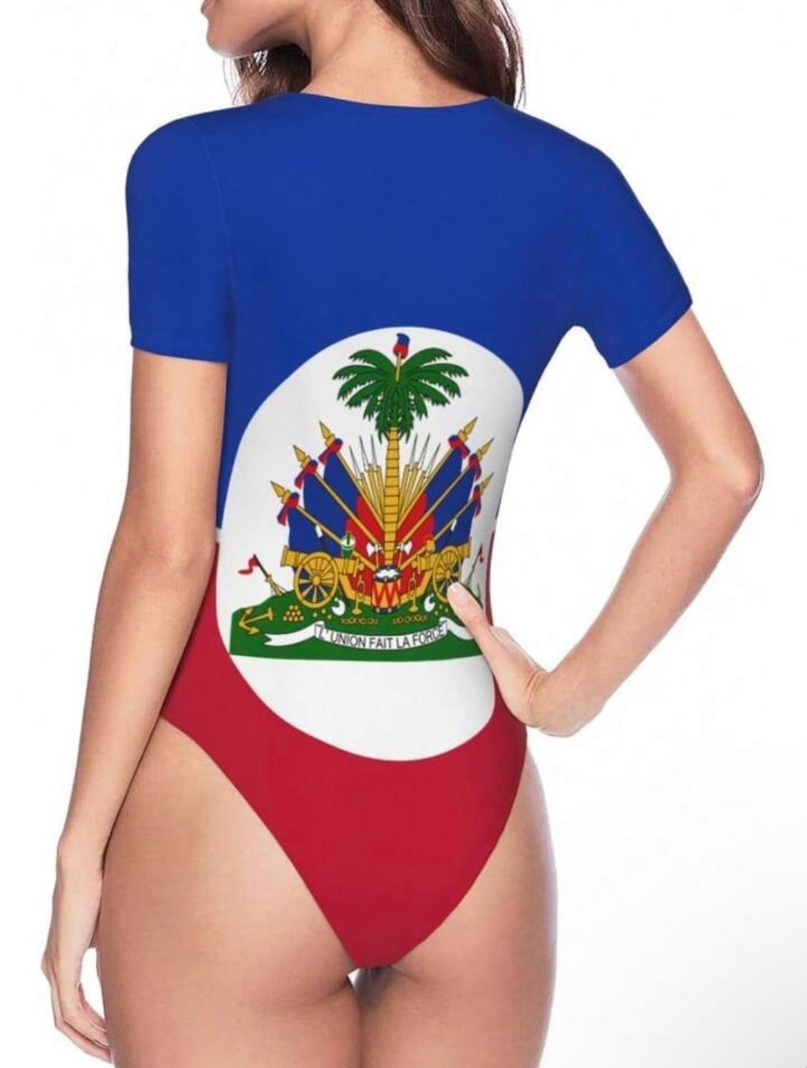 Haitian Flag Women’s Crew Neck Short Sleeve Bodysuit | Haitian Pride Clothing & Flag Day Outfit