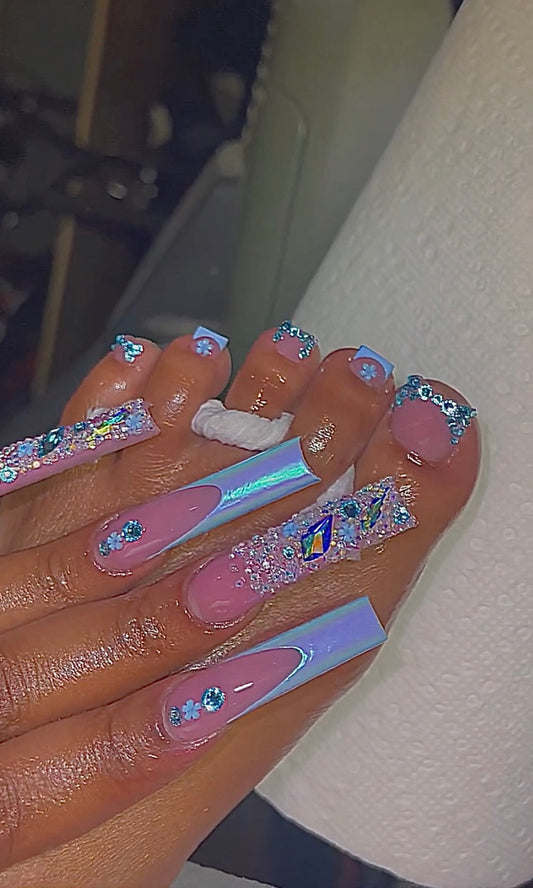 Blue rhinestone french style press on toe & hand nails set