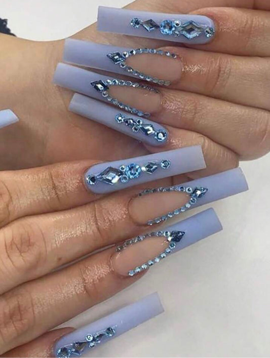 XXL long blue rhinestone press on nails
