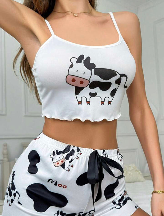 Two piece cow pajama shorts set