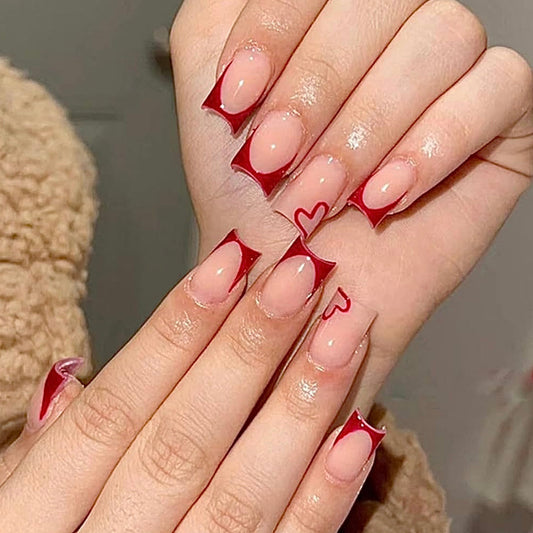 Red heart French style press on nails