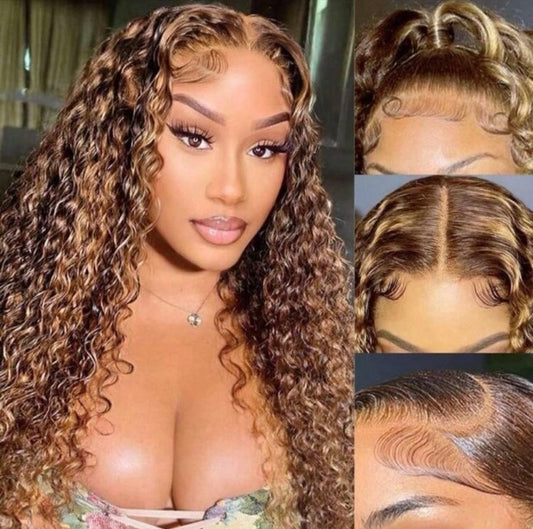 Highlight Ombre Deep Wave Human Hair Wigs - Honey
Blonde HD Lace Closure Wigs 20 inch